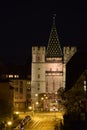 View of the Spalentor in Basel, Switzerland, at night