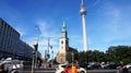 View from Spandauer Str. street with St. Mary`s Church and the Television Tower, Berlin, Germany