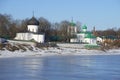 View of the Spaso-Preobrazhenskiy Mirozhsky monastery sunny february day. Pskov