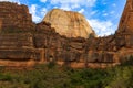 A view of the spectacular Angel`s Landing from the canyon floor at Zion National Park, USA against a bright blue sky Royalty Free Stock Photo