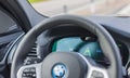 View of speedometer design moving car on new BMW iX3 M-sport electric car. Sweden.