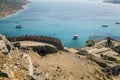View from the Spinalonga fortress on the island. Boat trips to the island of lepers. Ships on the sea at the edge of the island