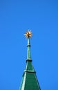 Pohľad na vežu s hviezdou kalvínskeho kostola na námestí SNP, Bratislava, Slovensko
