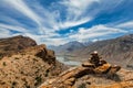 View of Spiti valley Himalayas with stone cairn . Spiti valley, Himachal Pradesh, India Royalty Free Stock Photo
