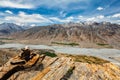 View of Spiti valley Himalayas with stone cairn . Spiti valley, Himachal Pradesh, India Royalty Free Stock Photo