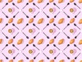 View of spoons, sugar, croissants on plates and coffee on pink, seamless background pattern