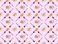 View of spoons, sugar, croissants on plates and coffee on pink, seamless background pattern