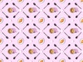 View of spoons, sugar, croissants on plates and coffee on pink, seamless background pattern