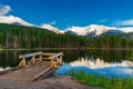 View of Sprague Lake in Rocky Mountains, surrounded by green trees and mountains reflecting in water Royalty Free Stock Photo