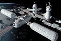 a view of a sprawling space station, with shuttlecraft and other vehicles docked Royalty Free Stock Photo