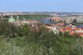 View on the spring Prague St. Nicholas' Cathedral with the green Nature and flowering Trees, Czech Republic