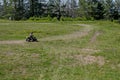 View of springtime glade, dreen forest and child drive small motor, Vitosha mountain