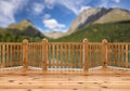 View from spruce wood terrace, porch or balcony on lake and mountains.