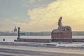 A view of the Spxinx at the University embankment in the snowstorm. Royalty Free Stock Photo