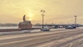 A view of the Spxinx at the University embankment in the snowstorm. Royalty Free Stock Photo