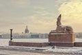 A view of the Spxinx at the University embankment in the snowstorm. Royalty Free Stock Photo