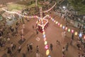 View of the square in front of the Nippori train station decorated for the Obon festival with illuminated paper lanterns in the Royalty Free Stock Photo