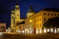 View from the square Odeonsplatz to the Theatine Church in downtown Munich. To the left part of the Feldherrnhalle