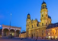 View from the square Odeonsplatz to the Theatine Church in downtown Munich. To the left the Feldherrnhalle `Field Marshals` Hall`