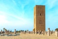 View of the square with ruins and the Hassan tower against the blue sky. Rabat, Morocco Royalty Free Stock Photo