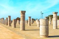 View of the square with ruins and the Hassan tower against the blue sky. Rabat, Morocco Royalty Free Stock Photo