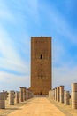 View of the square with ruins and the Hassan tower against the blue sky. Rabat, Morocco Royalty Free Stock Photo