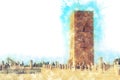 View of the square with ruins and the Hassan tower against the blue sky. Rabat, Morocco Royalty Free Stock Photo