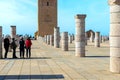 View of the square with ruins and the Hassan tower against the blue sky. Rabat, Morocco Royalty Free Stock Photo