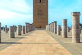 View of the square with ruins and the Hassan tower against the blue sky. Rabat, Morocco Royalty Free Stock Photo