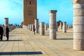 View of the square with ruins and the Hassan tower against the blue sky. Rabat, Morocco Royalty Free Stock Photo