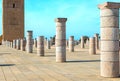 View of the square with ruins and the Hassan tower against the blue sky. Rabat, Morocco Royalty Free Stock Photo