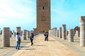 View of the square with ruins and the Hassan tower against the blue sky. Rabat, Morocco Royalty Free Stock Photo