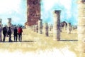 View of the square with ruins and the Hassan tower against the blue sky. Rabat, Morocco Royalty Free Stock Photo