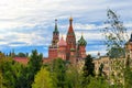 View of St. Basil`s Cathedral and Spasskaya tower of Kremlin on Red Square in Moscow, Russia Royalty Free Stock Photo