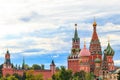 View of St. Basil`s Cathedral and Spasskaya tower of Kremlin on Red Square in Moscow, Russia Royalty Free Stock Photo