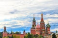 View of St. Basil`s Cathedral and Spasskaya tower of Kremlin on Red Square in Moscow, Russia Royalty Free Stock Photo