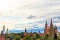 View of St. Basil`s Cathedral and Spasskaya tower of Kremlin on Red Square in Moscow, Russia Royalty Free Stock Photo