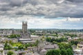 View from St Canices Cathedral of the city of Kilkenny, dominated by St Mary\'s Cathedral. In Ireland, with dramatic skies. Royalty Free Stock Photo