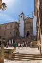 View at the St Jorge plaza, tourist people visiting and San Francisco Javier Church, or Preciosa Sangre Church as background, an