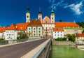 View of the St. Michael`s Church and the Zwischenbrucken bridge in the city of Steyr, Austria