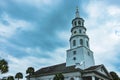 View of St. Michaels church bell tower in Charleston, South Carolina with cloudy sky Royalty Free Stock Photo
