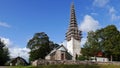 View on the St. Nicholas church, with tower in the scaffolding, in Kose