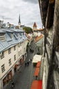 View of St. Olaf Cathedral and the streets of old Tallinn city Royalty Free Stock Photo