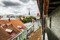 View of St. Olaf Cathedral and the streets of old Tallinn city Royalty Free Stock Photo
