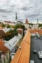 View of St. Olaf Cathedral and the streets of old Tallinn city Royalty Free Stock Photo