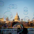 View of St. Paul`s Cathedral with soap bubbles in the foreground. London, 2017.