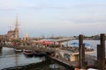 View of St. Pauli piers in the summer evening with boats docked at the pier Royalty Free Stock Photo