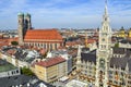 View from St. Peter\'s Church down to Marienplatz town hall and Church of Our Lady Frauenkirche of Munich