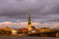 View of St. Peter\'s Church in Old Riga across the Daugava River 1 Royalty Free Stock Photo