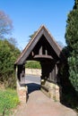 View of St Swithuns Church lych gate in East Grinstead West Sussex on March 29, 2021